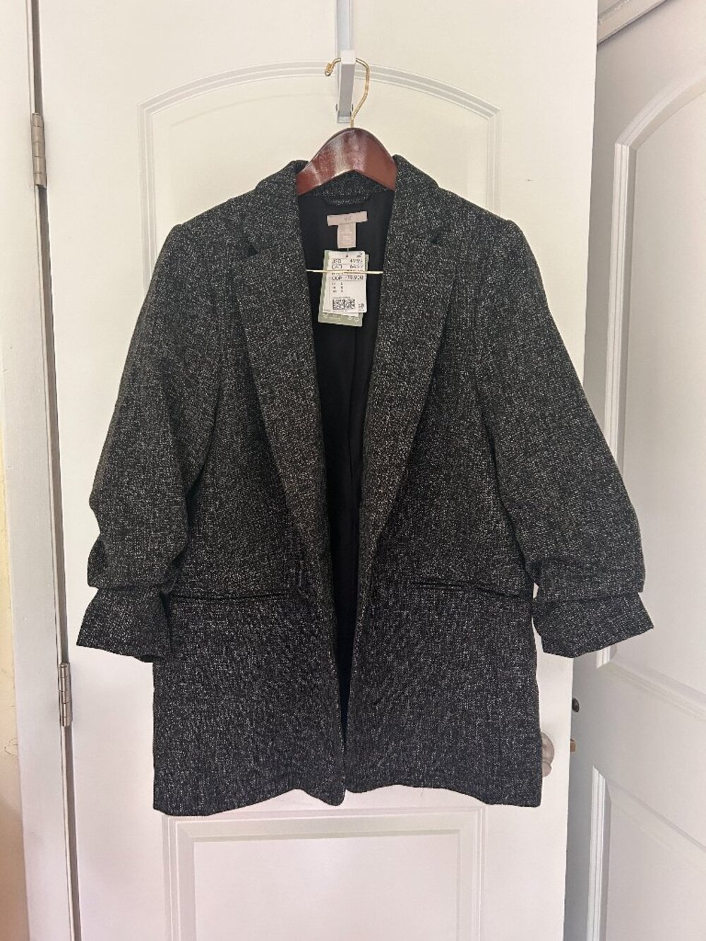 NWT H&M Gathered-Sleeve Blazer Black Marl Single-Breasted Loose Fit Size L
